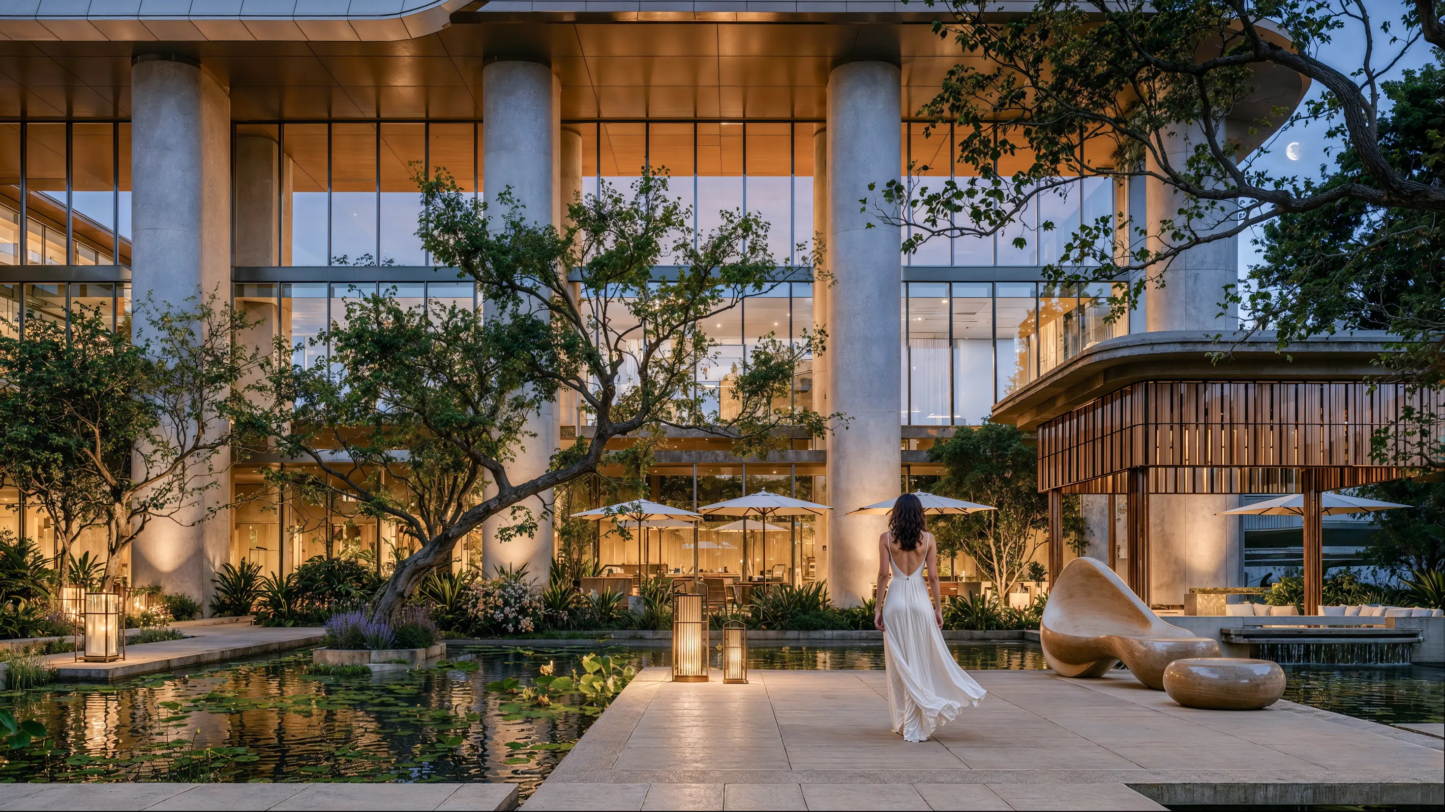 Level 5 garden courtyard at dusk