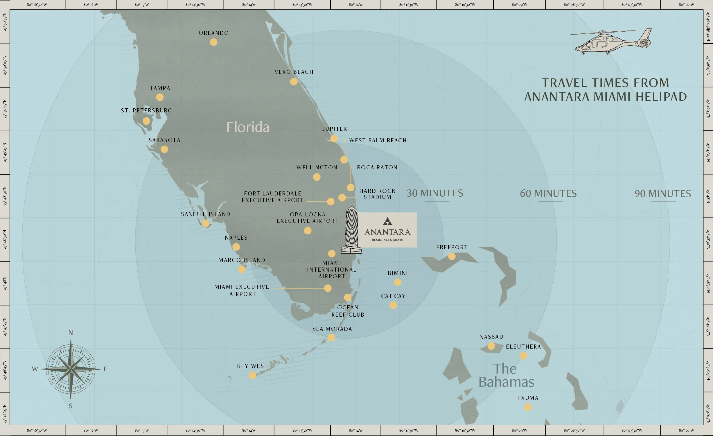 Travel times from the Anantara Miami helipad to Florida, the Keys and the Bahamas