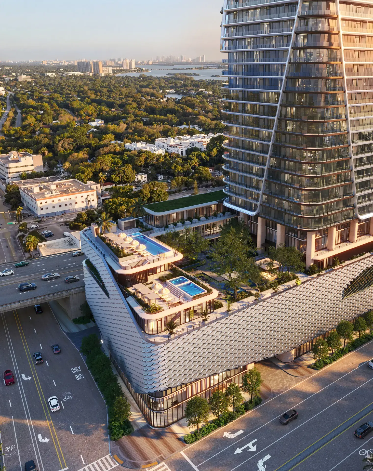 Aerial view of the tower and its level 5 amenity deck