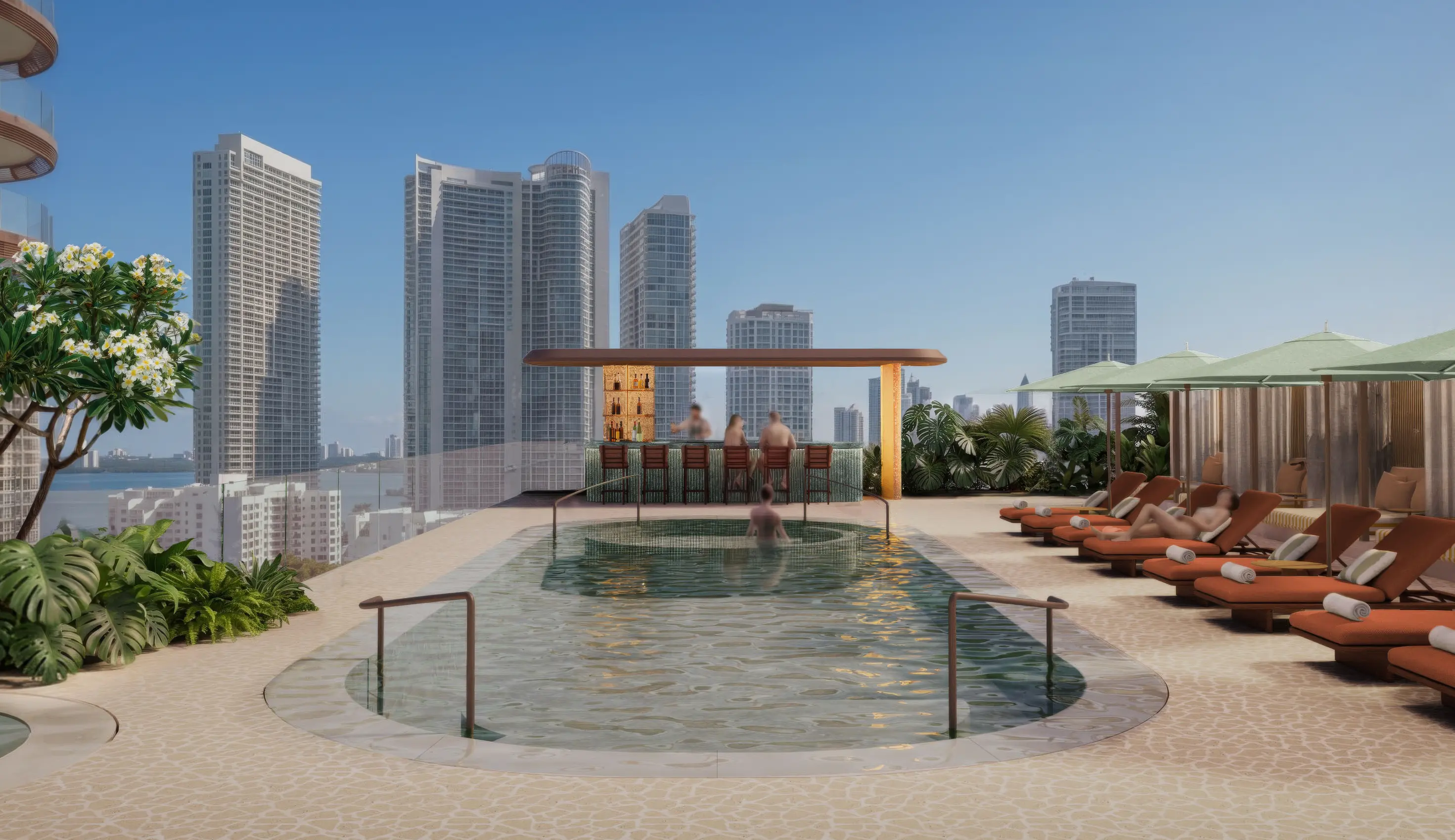 Rooftop pool and cabanas above the Miami skyline