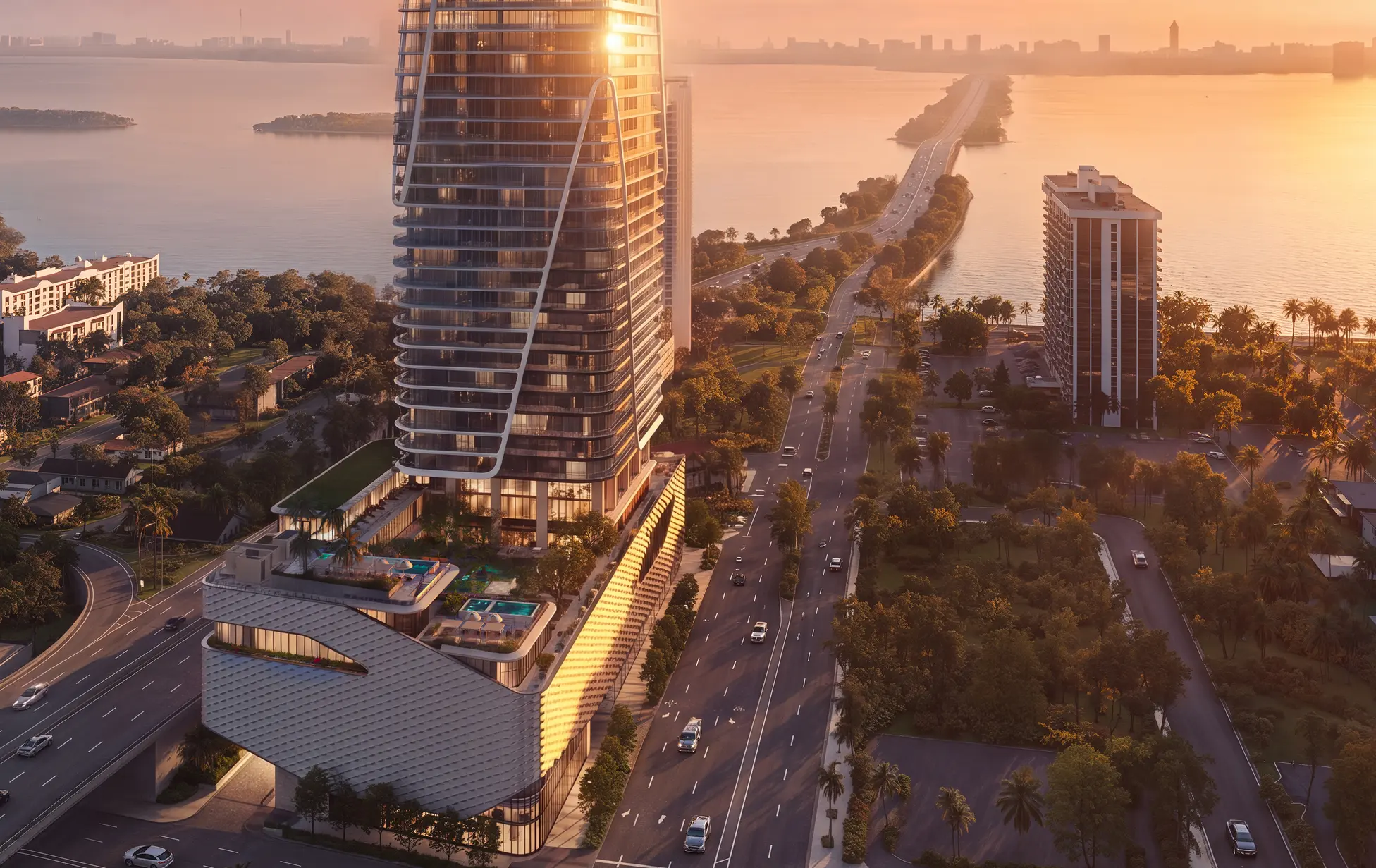 Aerial view of the tower over Biscayne Bay at dusk