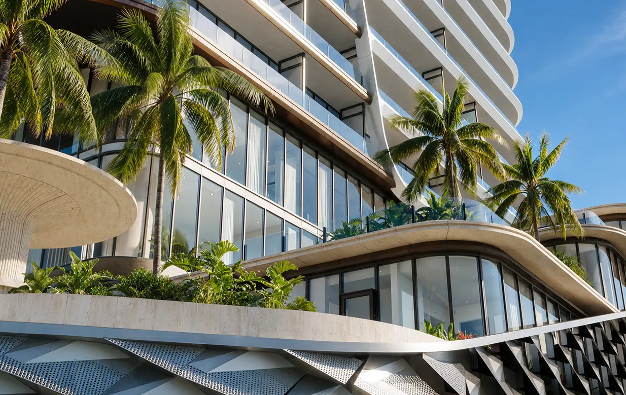 The tower’s crown and helipad above the bay