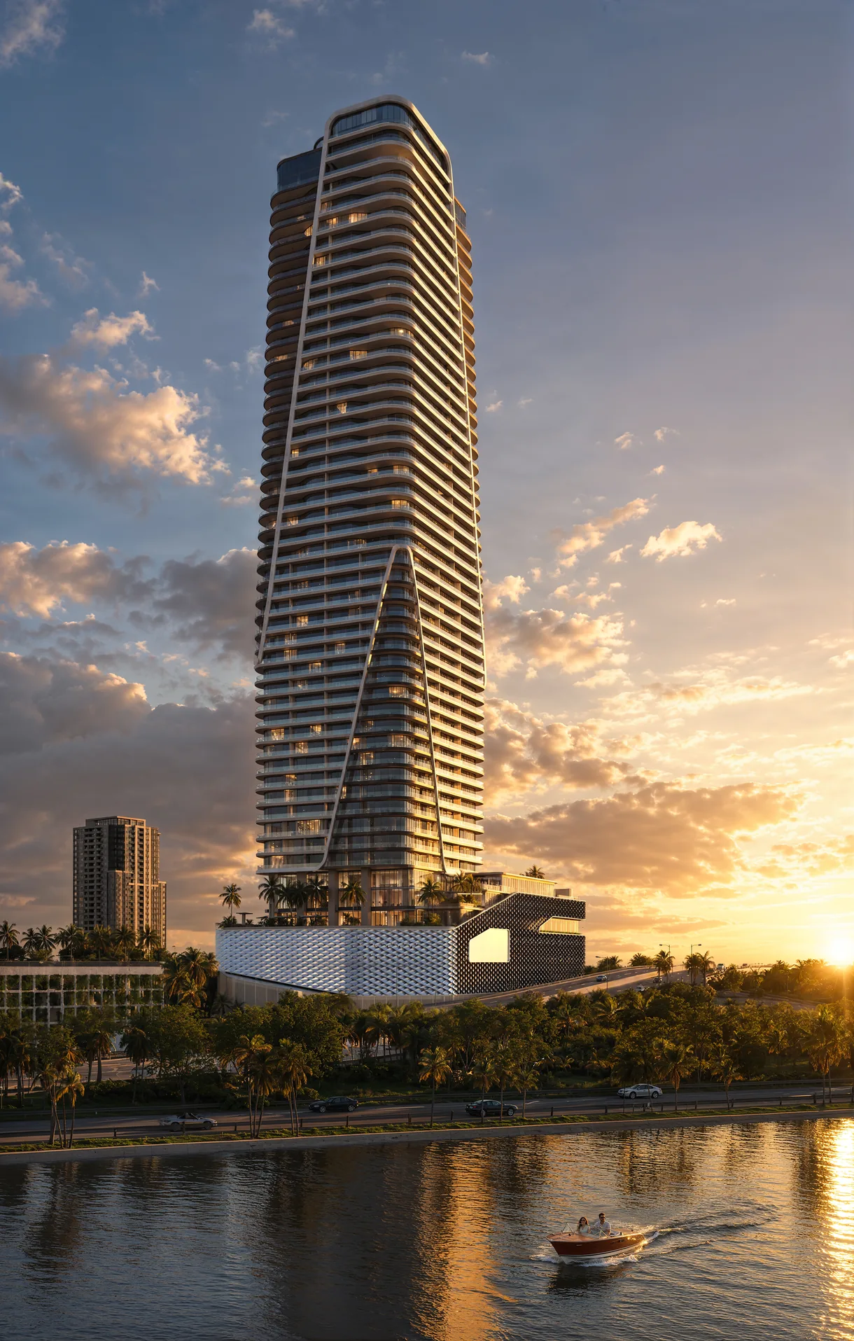 The tower against a dusk sky