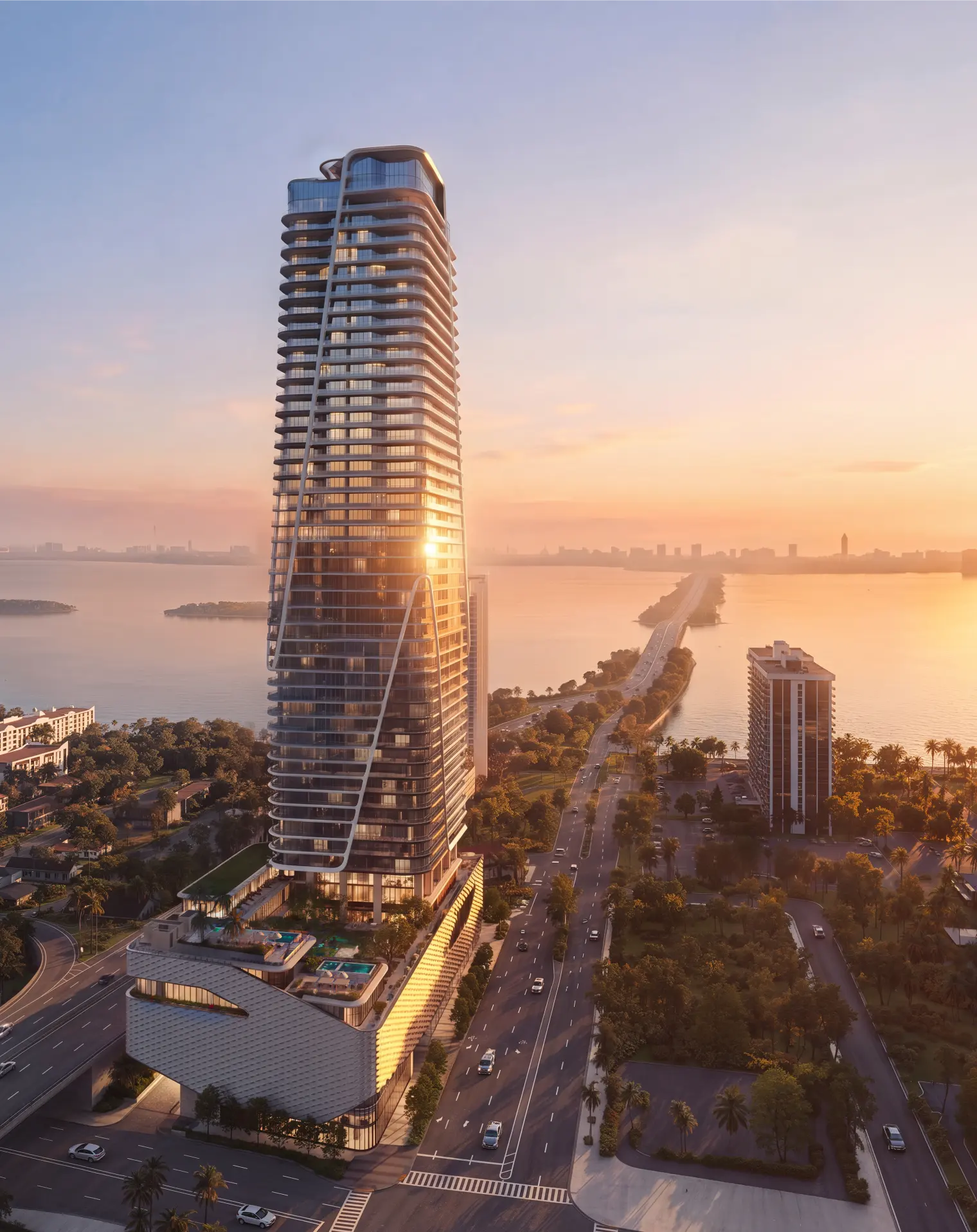 The tower at dusk above Biscayne Boulevard