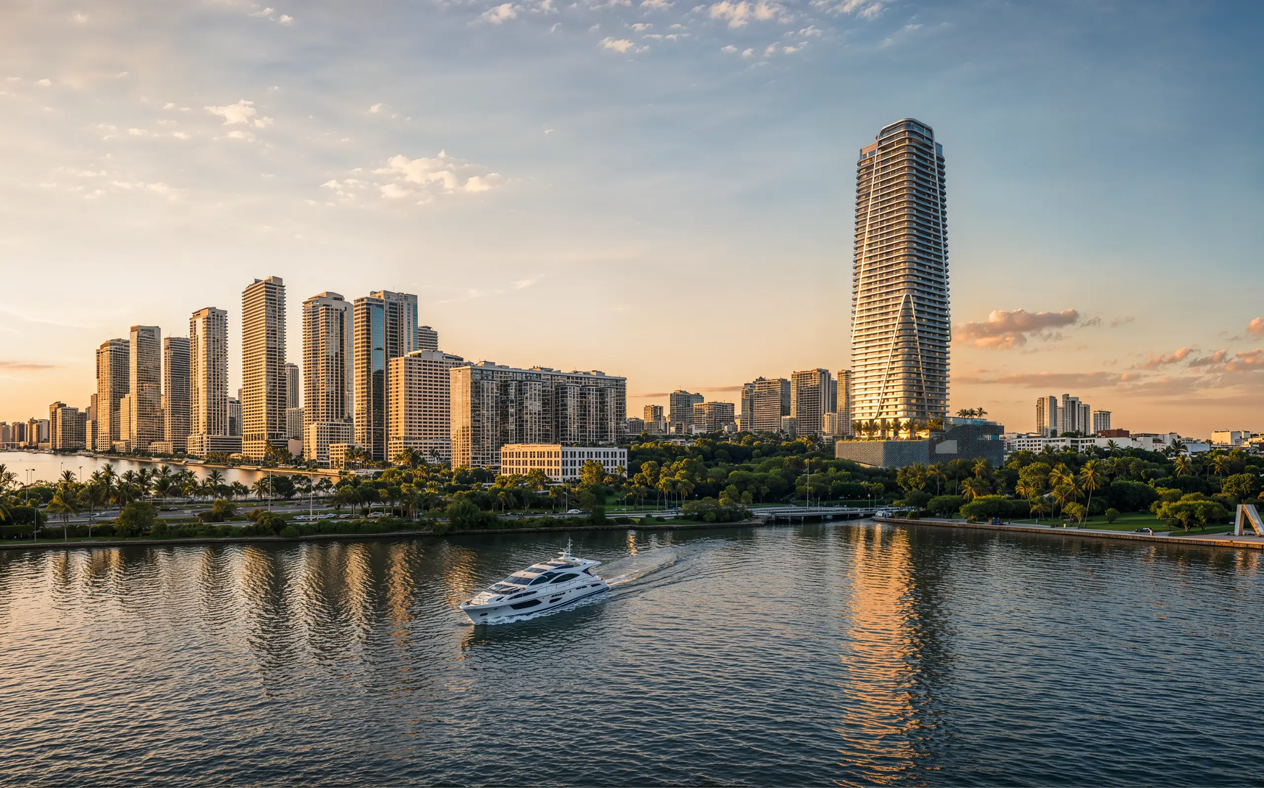 The tower rising over Biscayne Bay at sunset, a yacht crossing the water