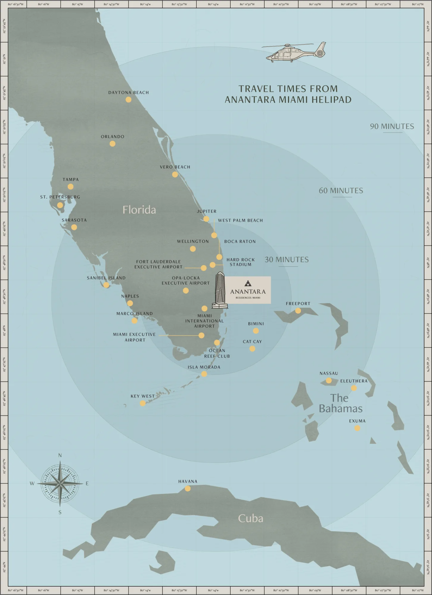 Travel times from the Anantara Miami helipad across Florida and the Bahamas