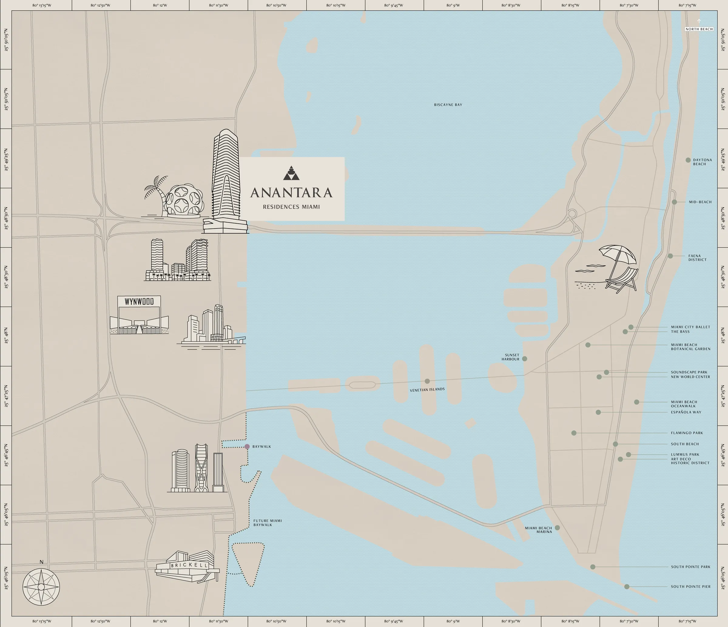 Illustrated map of Miami showing Anantara Residences Miami between the Design District and Biscayne Bay