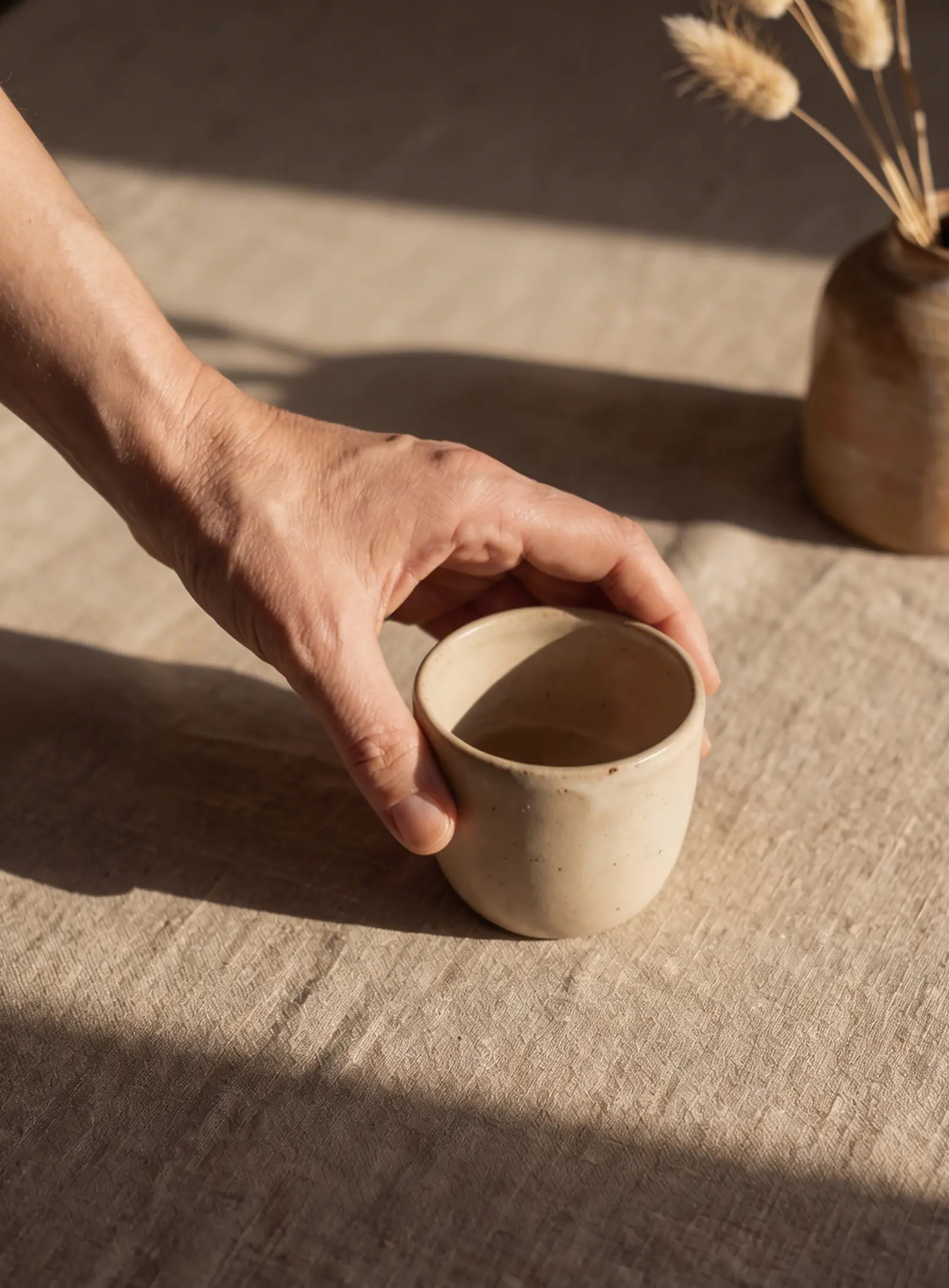 Hand resting on a ceramic cup
