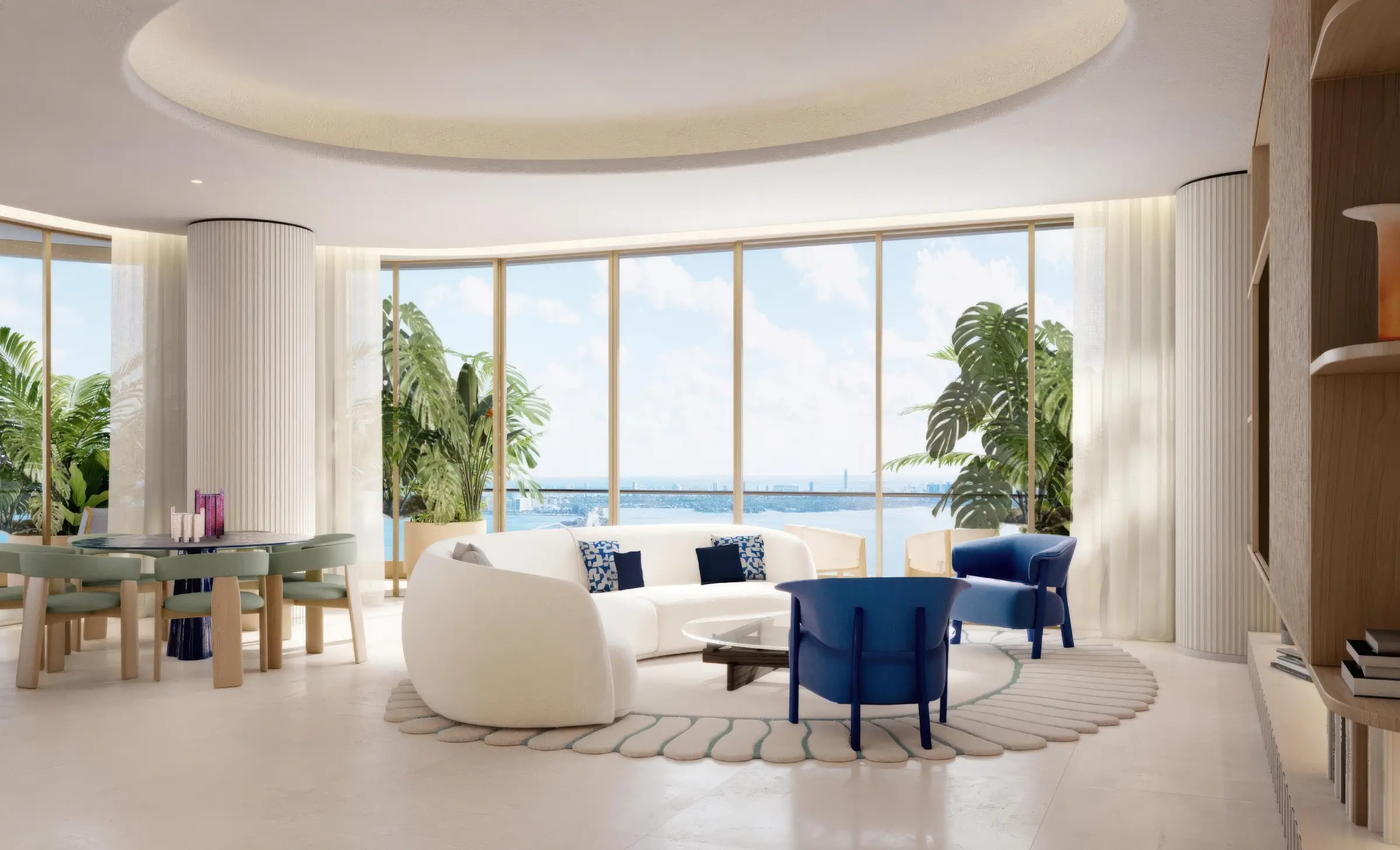 Living room with wraparound glazing over Biscayne Bay